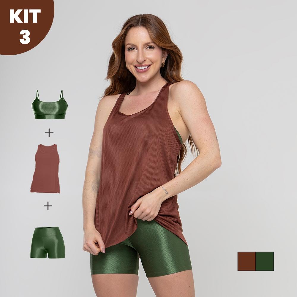 Kit 3 Peças Fitness Feminino - Short Canelado Trilobal + Top Canelado Trilobal + Regata Dry