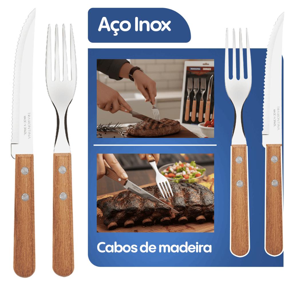 Faqueiro Tramontina Dynamic 12 Peças Cabo Madeira Natural Aço Inox 6 Facas 6 Garfos Churrasco
