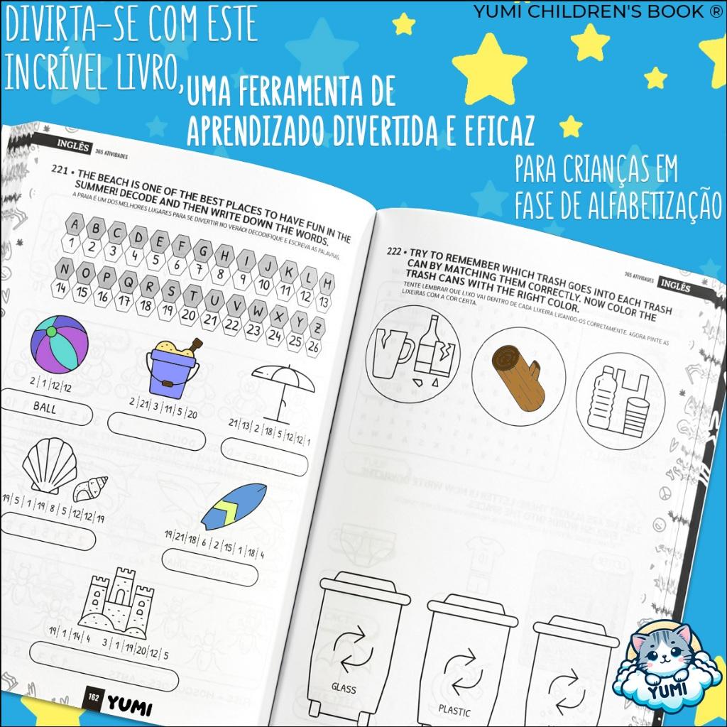 Livro Infantil 365 Atividades E Desenhos Estudar Aprender Inglês Capa C/Glitter Premium