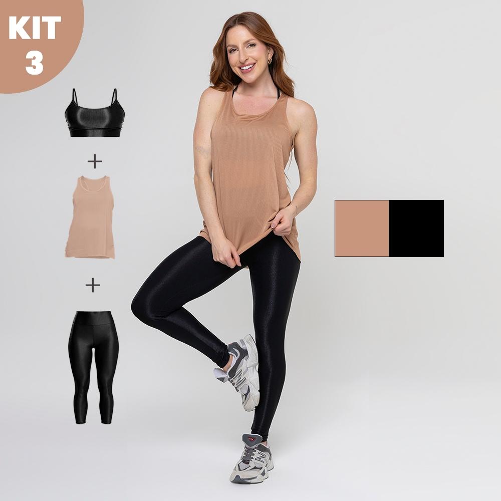 Kit 3 Peças Legging E Top Fitness Trilobal Canelado Brilhoso + Regata Dry Feminino