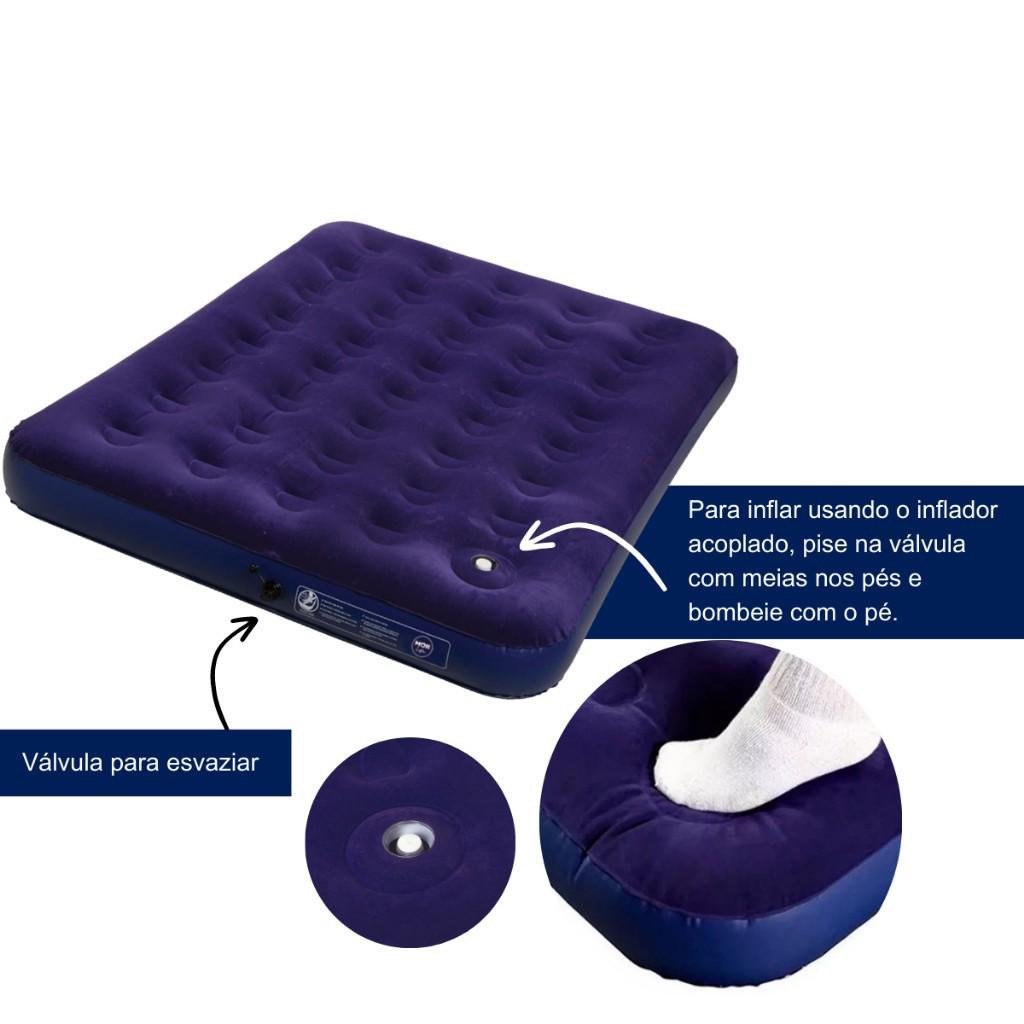 Colchão Inflável Solteiro Casal Mor Inflador Acoplado Embutido Acampamento Viagem Azul + Kit Reparo