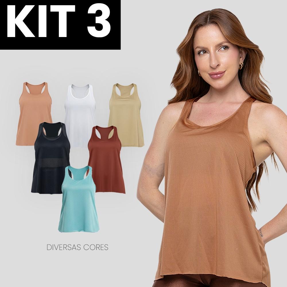 Kit 3 Regatas Fitness Femininas Básicas Lisas Modelo Nadador Corte A Fio Academia E Treino
