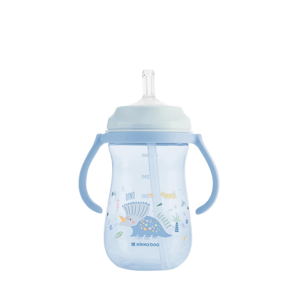 Copo Infantil Com Canudo Silicone Dino World Blue 300ml Kikkaboo