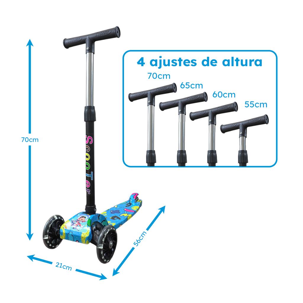 Patinete Azul Rodas LED Colorido Até 25kg A Partir De 3 Anos Ajuste 4 Alturas Dobrável Cert Inmetro Queen Shop