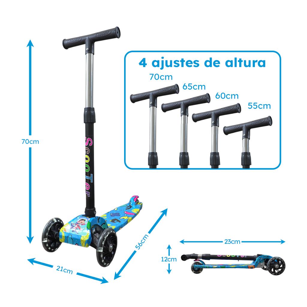 Patinete Infantil LED Azul Até 25kg A Partir De 3 Anos Ajuste 4 Alturas Dobrável Cert Inmetro Queen Shop