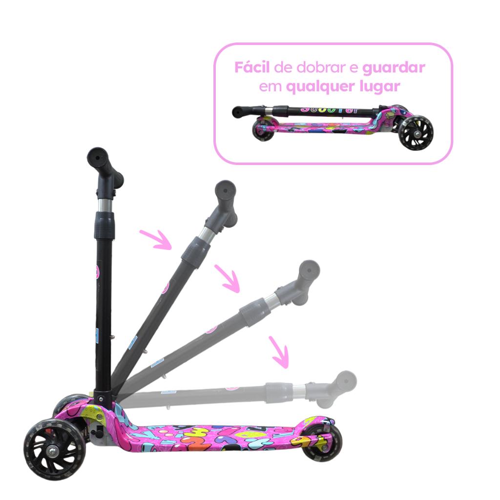 Patinete Rosa Rodas LED Colorido Até 25kg Ajuste 4 Alturas Dobrável +3 Anos Cert Inmetro Queen Shop