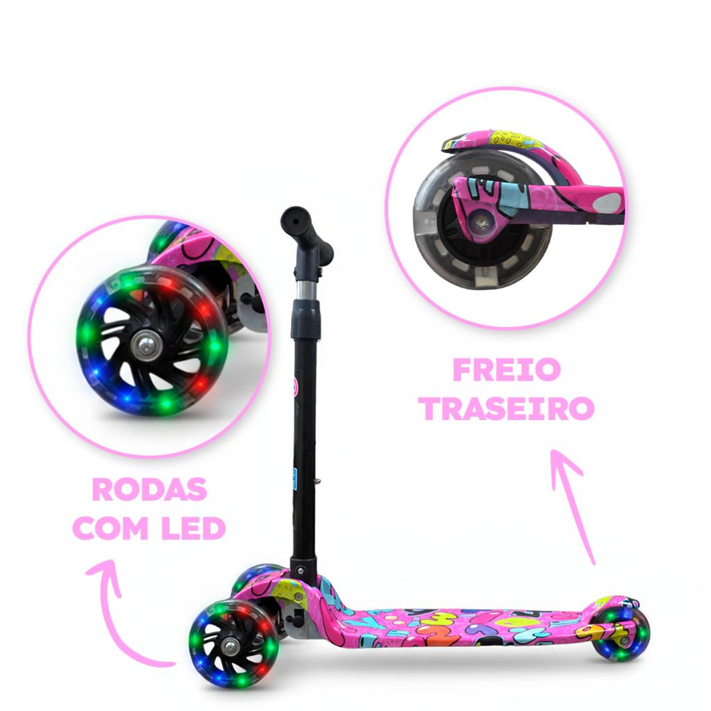 Patinete Rosa Rodas LED Colorido Até 25kg A Partir De 3 Anos Ajuste 4 Alturas Dobrável Cert Inmetro Queen Shop