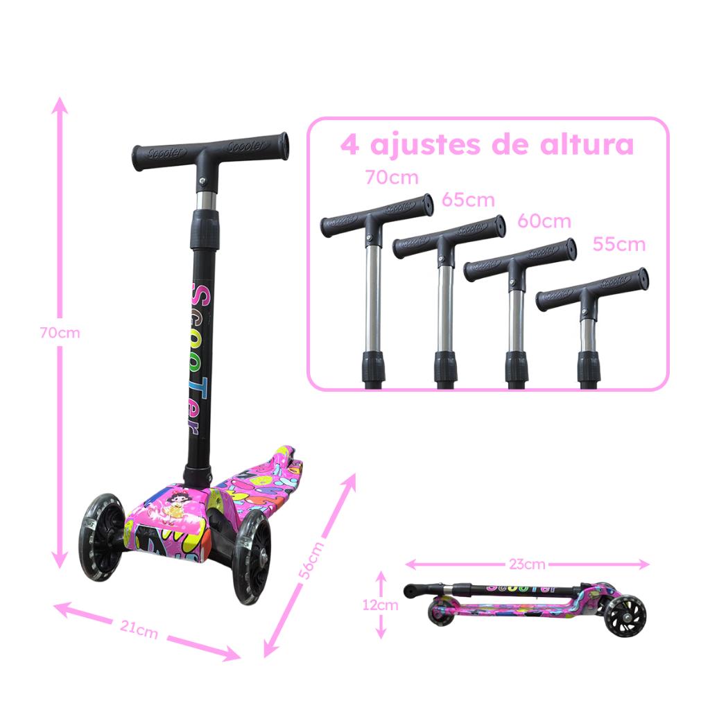 Patinete Rodas LED Rosa Até 25kg A Partir De 3 Anos Ajuste 4 Alturas Dobrável Cert Inmetro Queen Shop