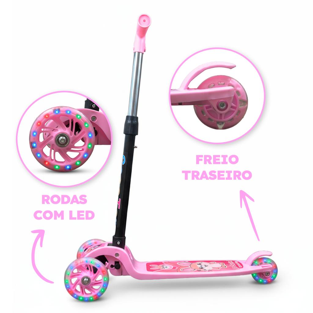 Patinete Infantil Menina - Até 30kg A Partir 3 Anos - 4 Alturas Leds Nas Rodas Dobrável - Inmetro