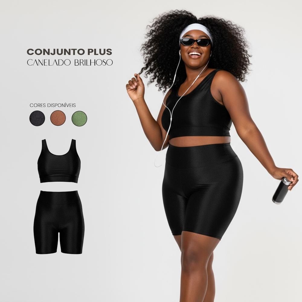 Conjunto Fitness PLUS Size Top Alça Larga E Short Cós Alto Canelado Brilho Modelador Confortável