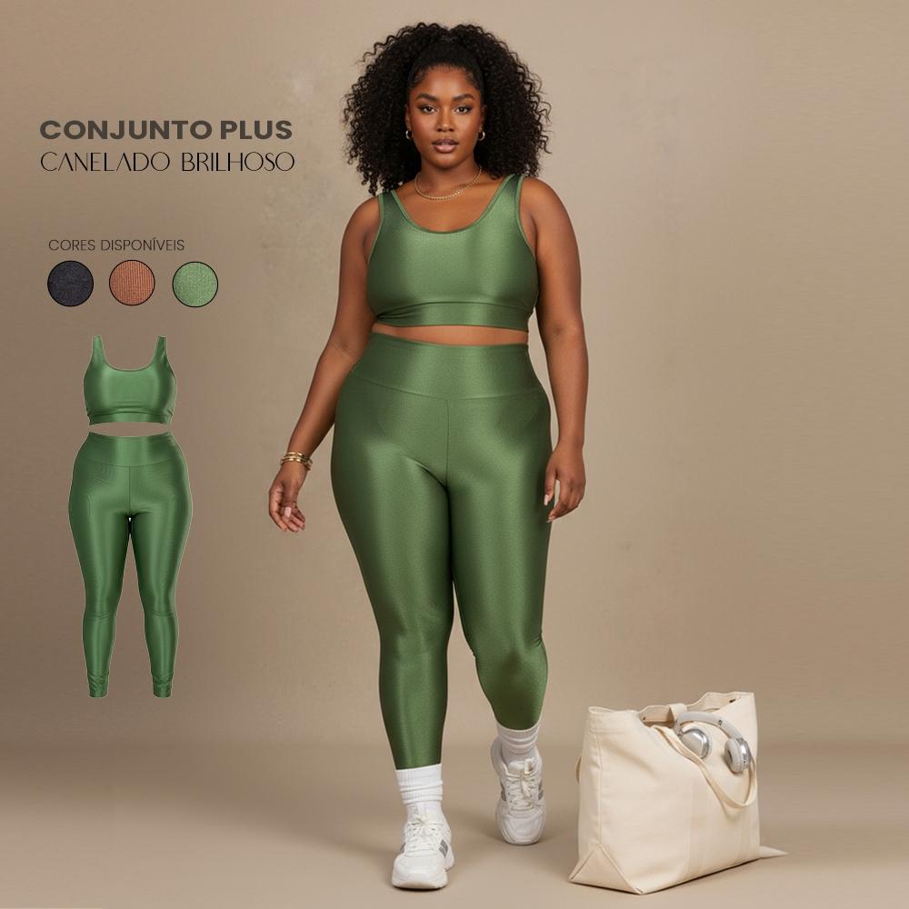 Conjunto Fitness PLUS Size Feminino Premium Top Alça Larga E Legging Cós Alto Canelado Brilhoso