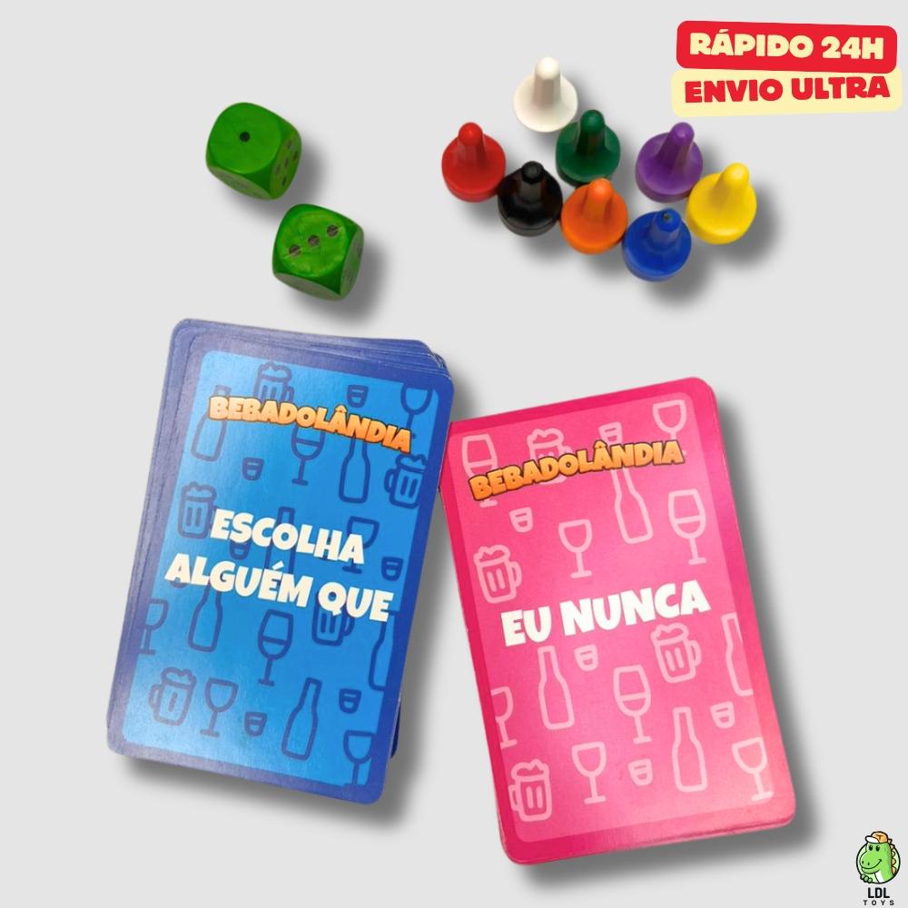 Jogo Bebadolândia Festa Esquenta Bebida After Churrasco Tabuleiro Tecido 8 Pinos 2 Dados 60 Cartas