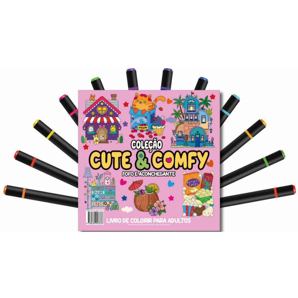 Cute Comfy Coloring Book For Adults - Fofo E Aconchegante - Livro De Colorir Adulto + 12 Canetas