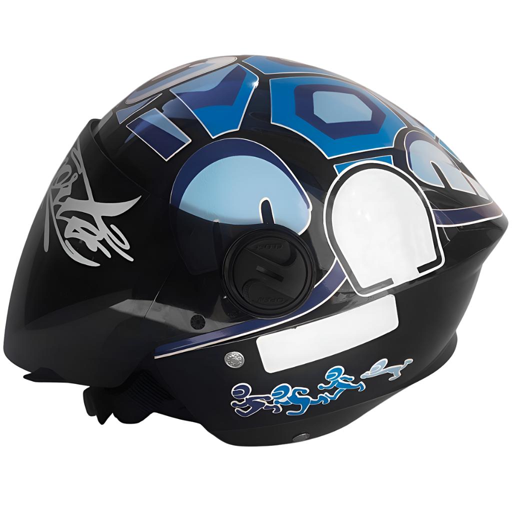 Capacete Aberto Azul Personalizado Tartaruga 46 Viseira Fumê Adesivado Osascorte