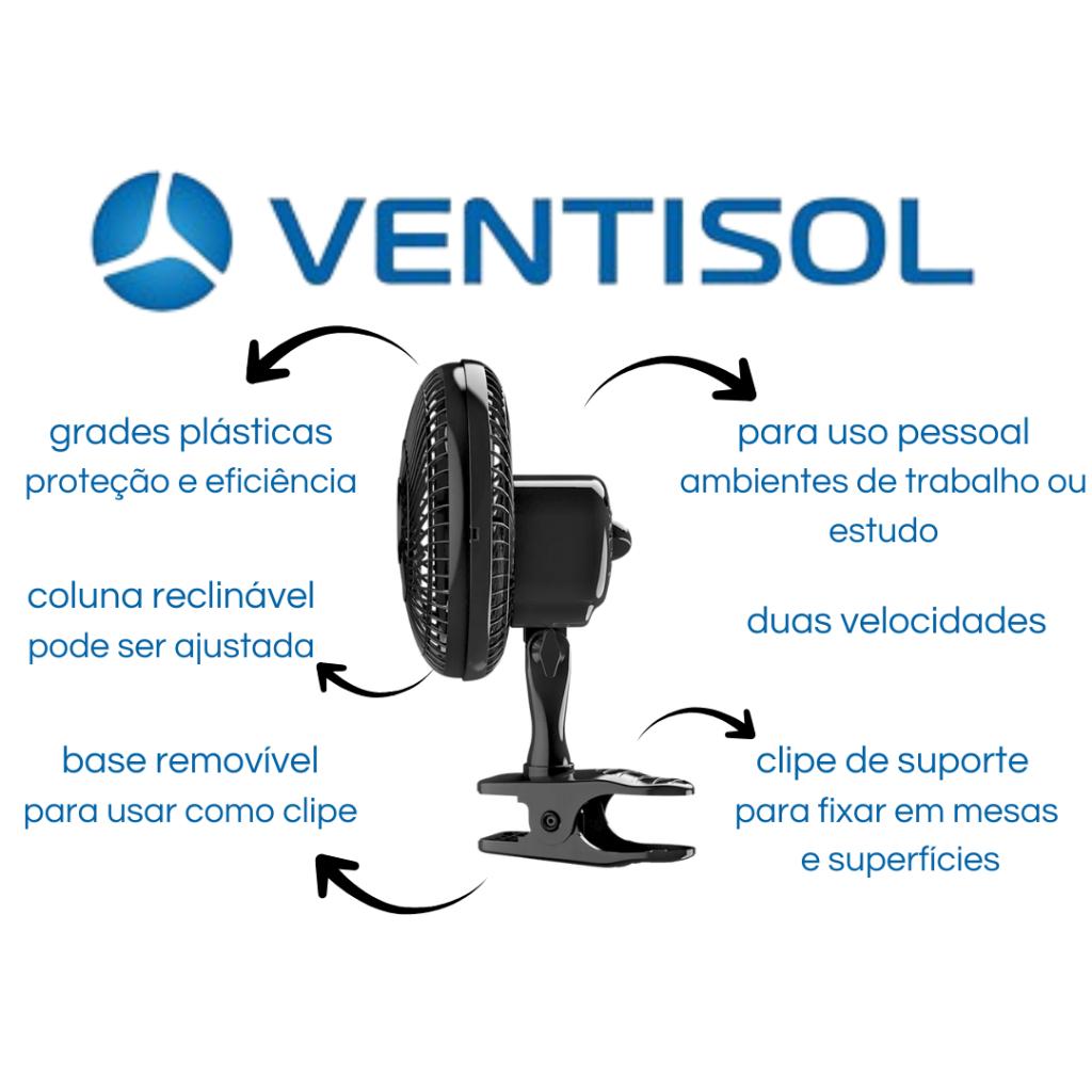 Mini Ventilador Mesa Portátil 20cm 3 Pás Ventisol Black Turbo Base Removível Ventilação