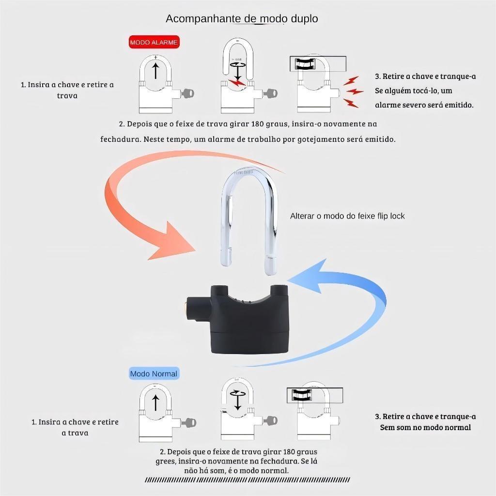Cadeado Cmo Alarme Grande Prova De Água Antifurto Moto Bicicleta Portão Casa 110db 6 Baterias Inclusas