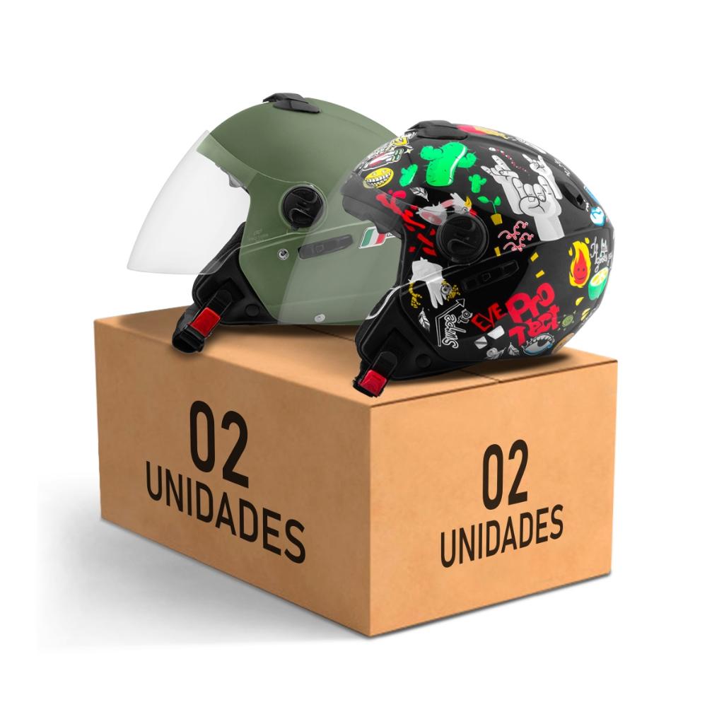 Kit Capacete Aberto Protork New Atomic Elite + New Atomic Universe Azul Preto Verde