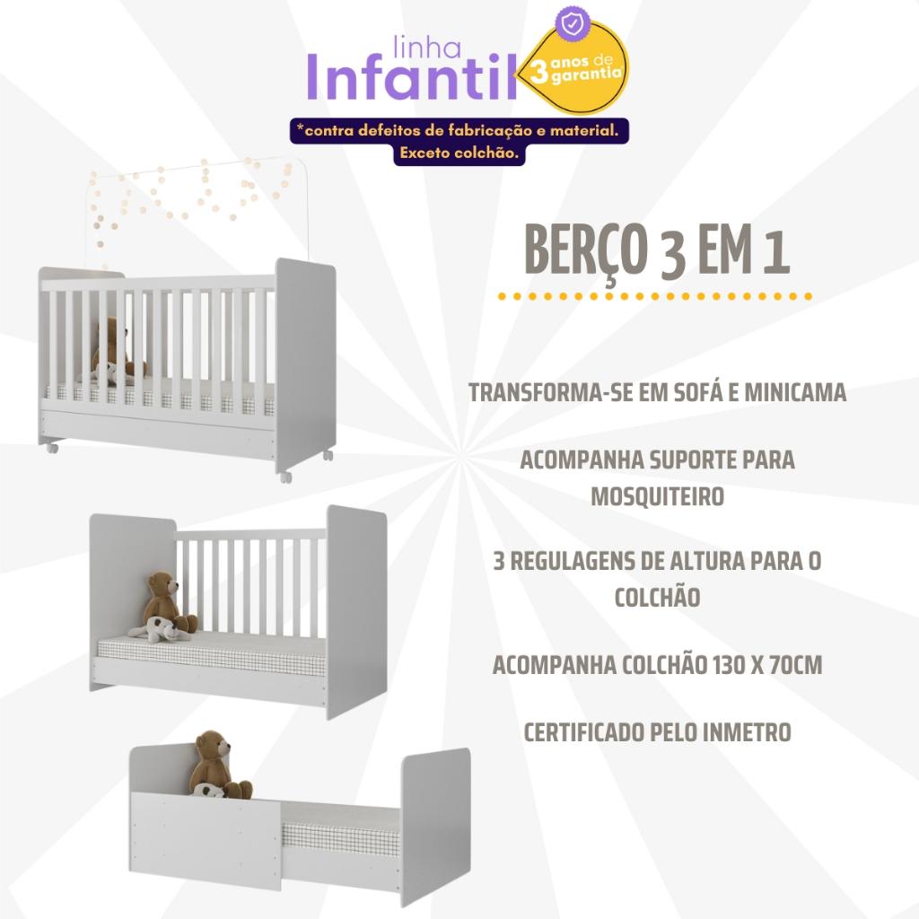 Berço Americano 3 Em 1 Com Colchão Incluso E Rodízios Bambino Multimóveis