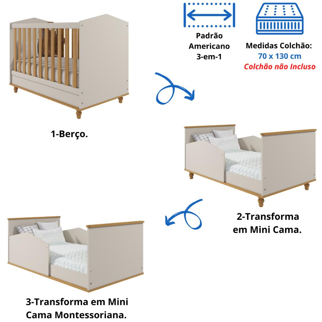 Quarto Bebê Completo Berço Americano 3 Em 1 Cômoda 1 Porta 100 Mdf