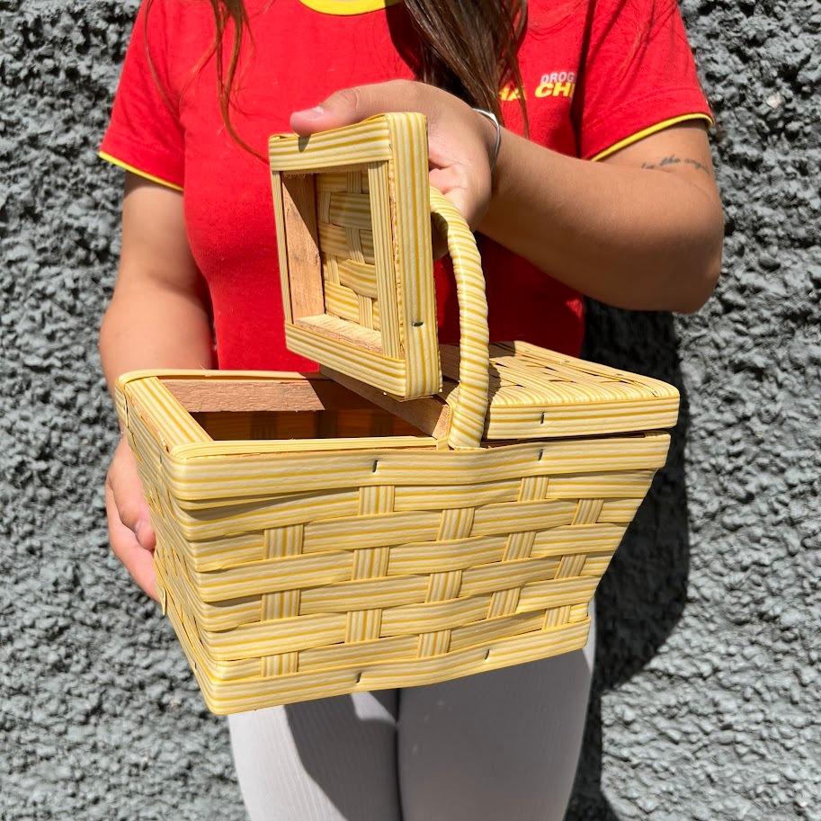 Cesta Piquenique Com Alça E Tampa Mini Cesta Decorativa Estilo Vime