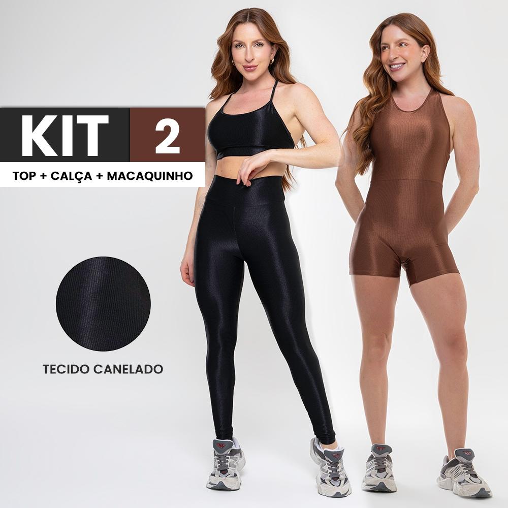 Kit 3 Peças Conjunto Canelado Brilhoso Calça Legging Academia E Top Fitness+macaquinho Academia