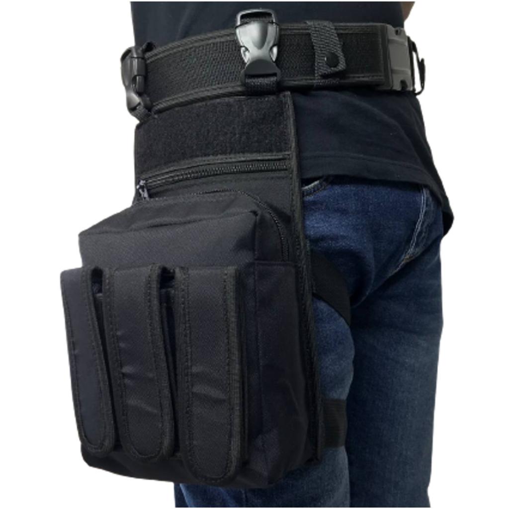 Bornal Pochete De Perna Militar Tático Com 3 Bolsos Para Carregadores Preto + Cinto De Guarnição N.a