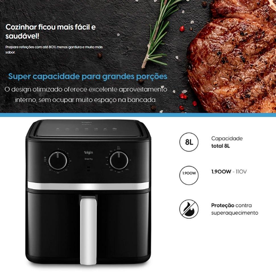 Fritadeira Air Fryer 8 Litros Elgin Gran Fry 1.900w Preta Grelha Removível 110V