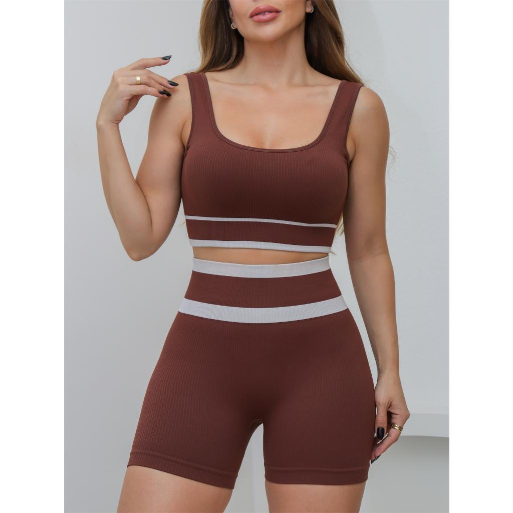 Conjunto Feminino Fitness Canelado Poliamida Elástico Short Esportivo Academia Yoga 3RD