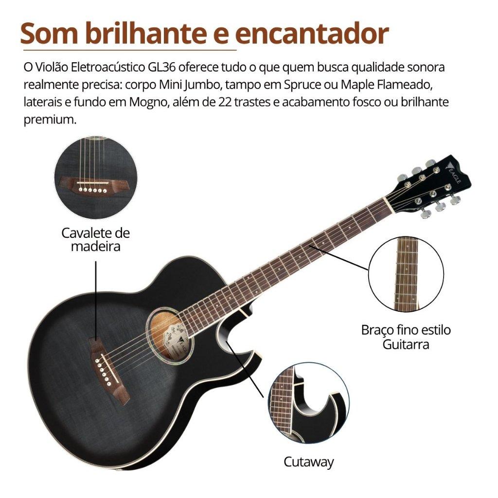 Kit Violão Elétrico Eagle GL36 PRO Series Aço Mini Jumbo Cutaway + Acessórios
