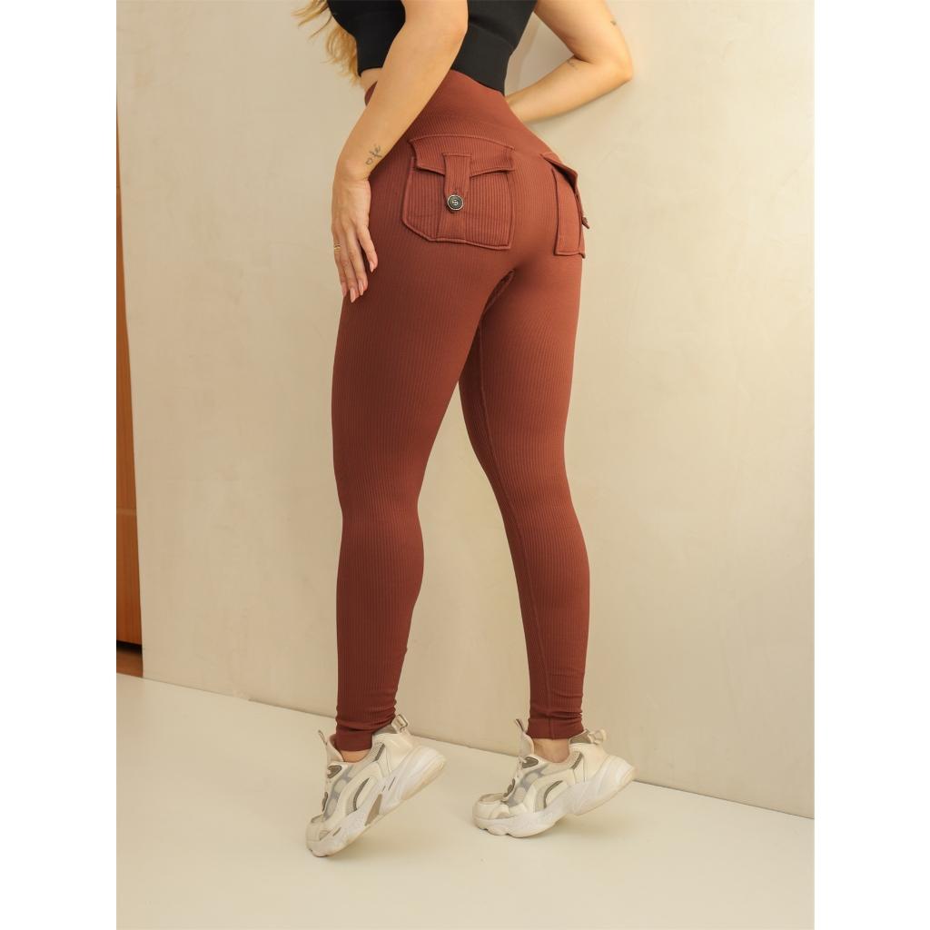 Calça Feminina Bolsa Legging Esportiva Canelada Poliamida Academia Elástica Fitness 3RD