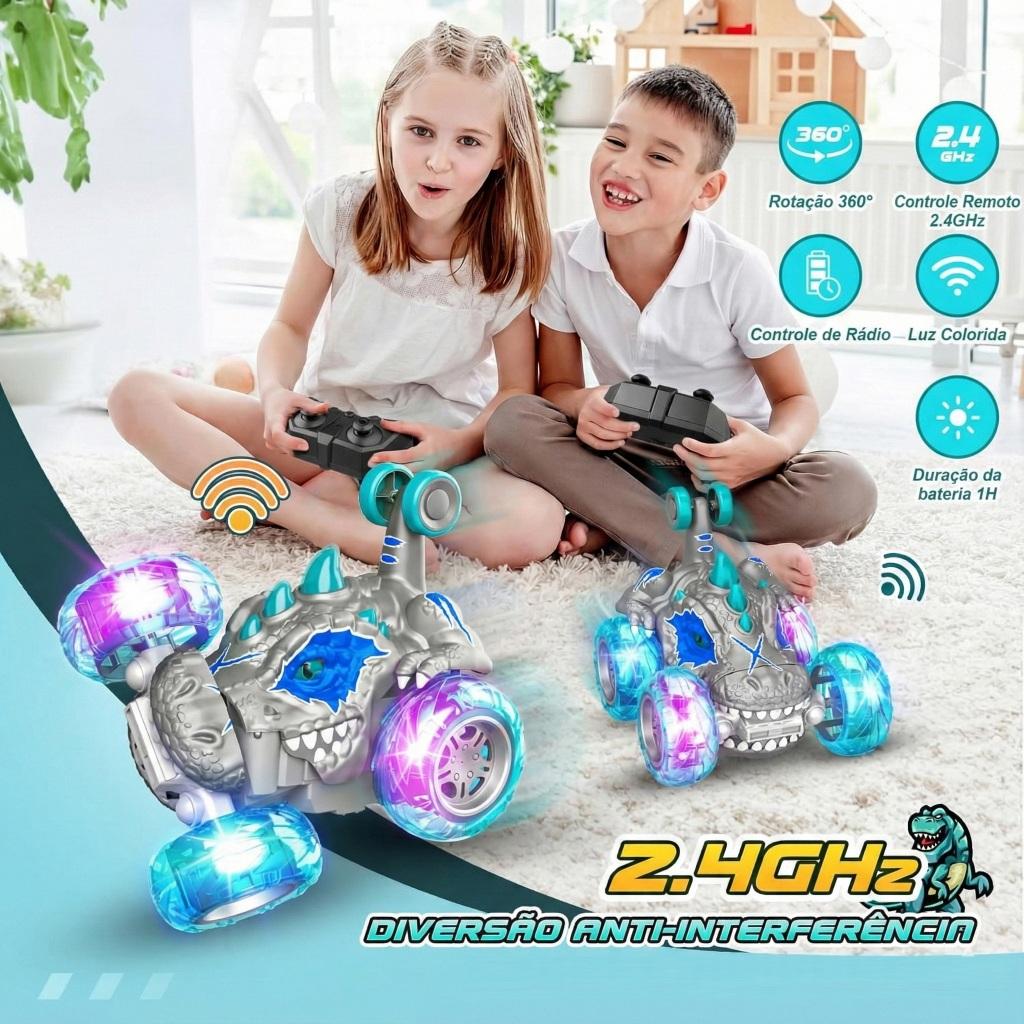 Carrinho Recarregável Controle Remoto Acrobata Gira 360 Graus Dinossauro Com Luzes Infantil Kizumba