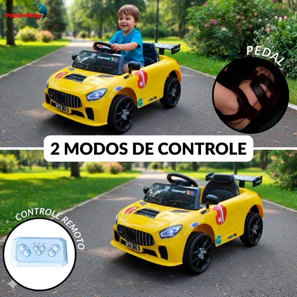 Mini Carro Elétrico Infantil Esportivo 12V Amarelo Com Controle Remoto Função Música E Luzes LED - Importway