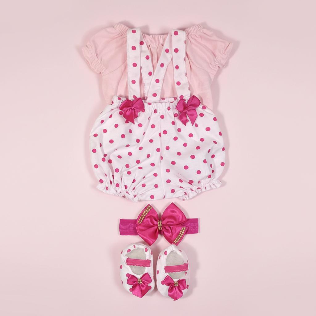 Kit Roupinha Bebê Reborn Jardineira + Sapato + Tiara - Veste De 45 A 50cm