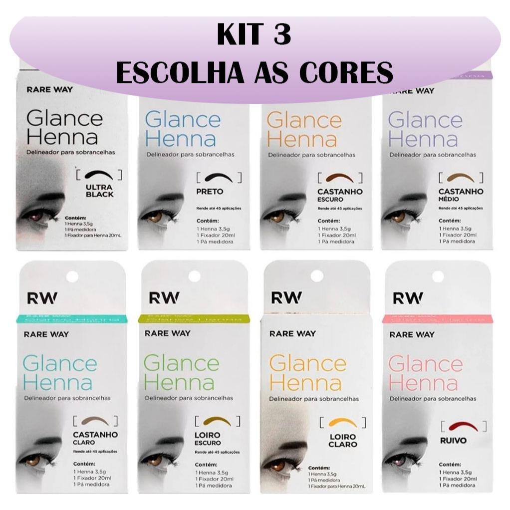 Kit 3 Hennas Glance Para Sobrancelhas Rare Way 100 Natural