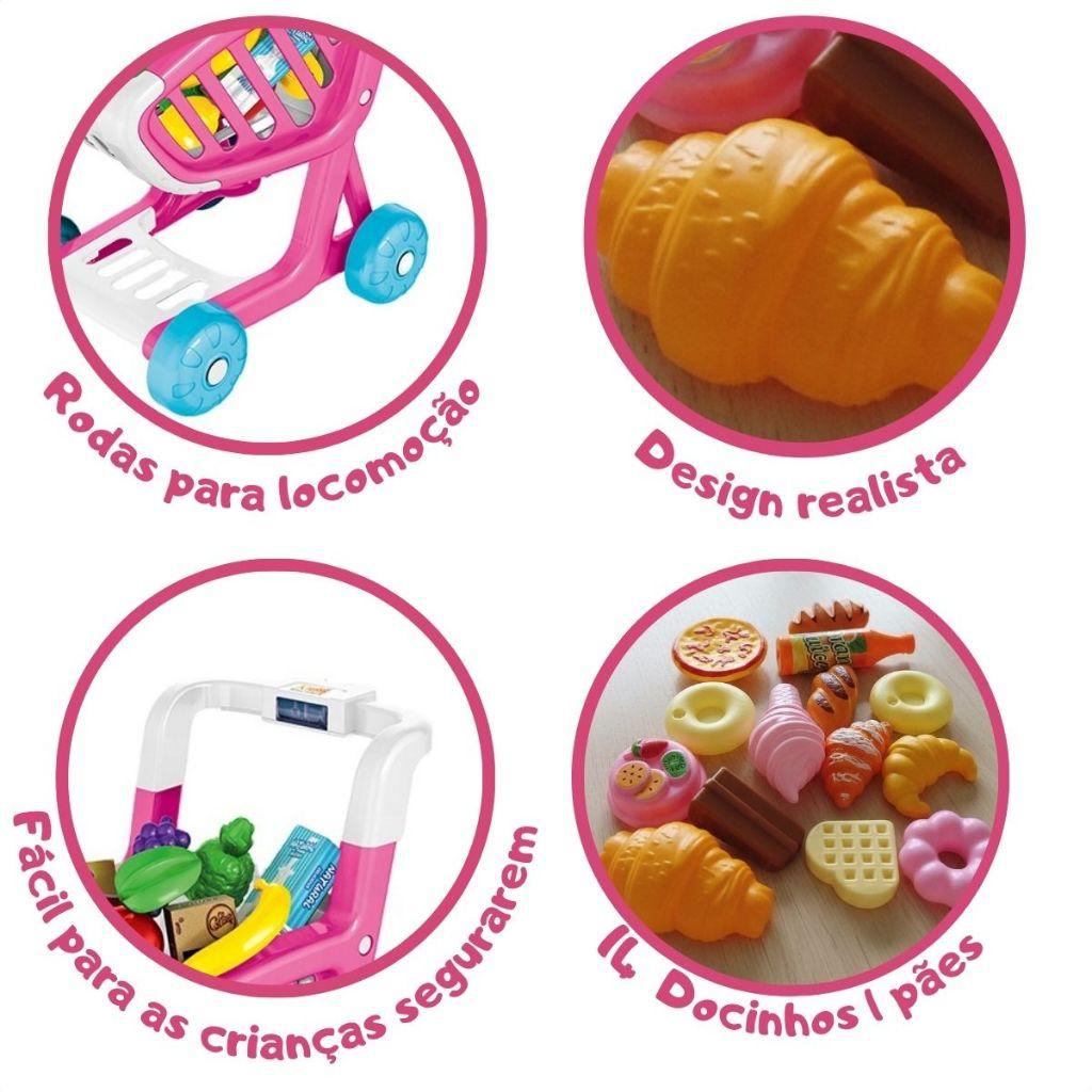 Carrinho De Compras Supermercado Infantil Mercado Azul Com Frutinhas E Rosa Com Docinhos