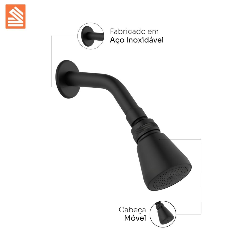 Ducha Chuveiro Água Fria Alta Vazão Preto Fosco Inox Redondo Articulável Preto Brilhante Luxo