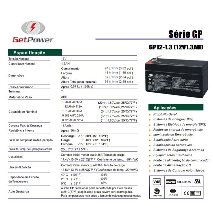 Bat. Selada Recarregavel 12v 1.3ah Getpower Recarregável