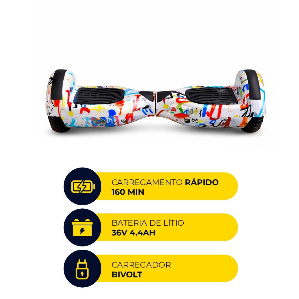 Hoverboard Skate Elétrico 6.5 LED Bluetooth Branco Colorido