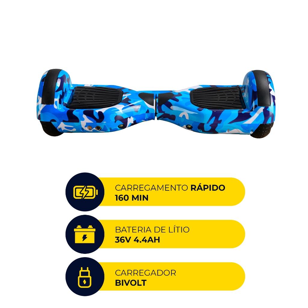 Hoverboard Skate Elétrico 6.5 LED Bluetooth Azul Camuflado