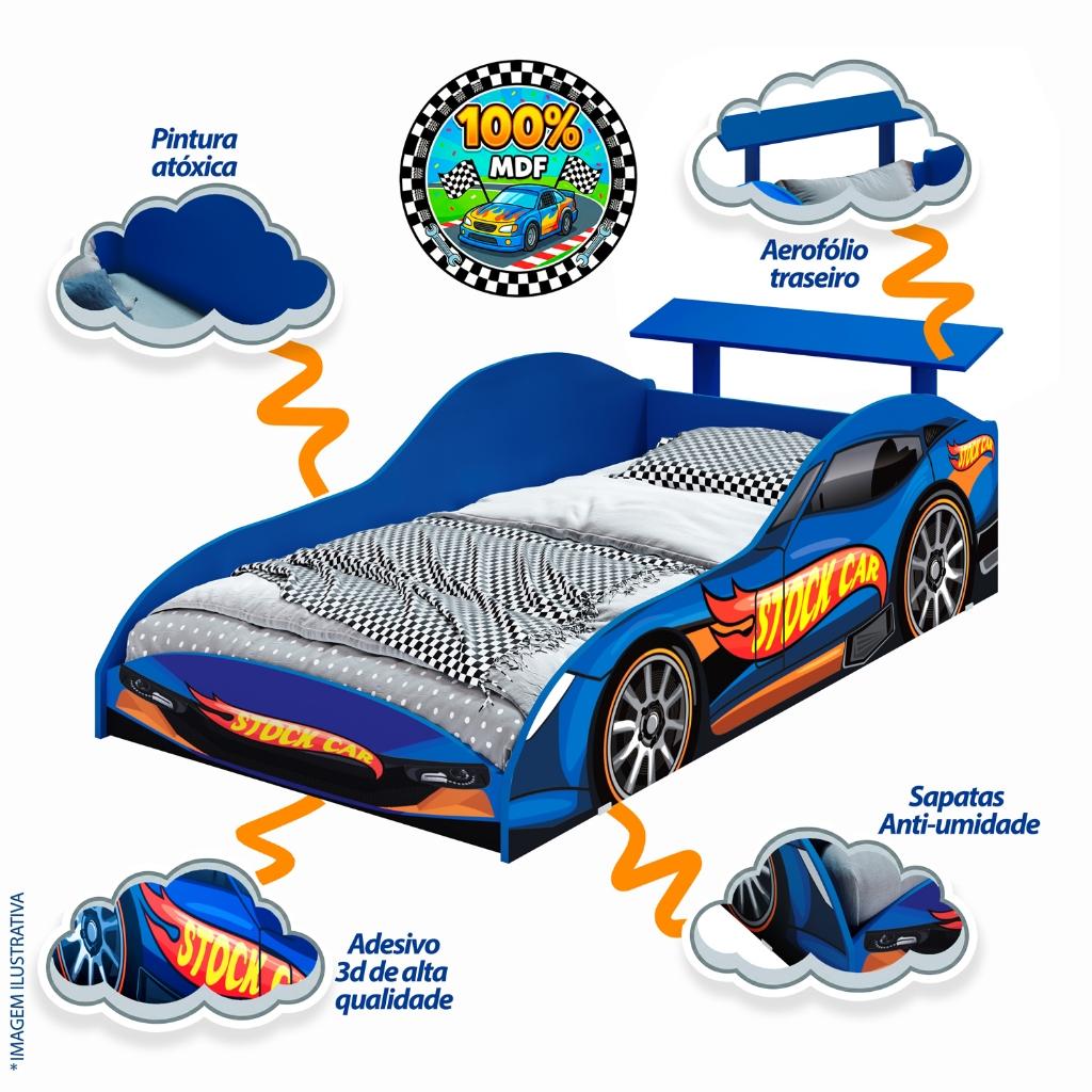 Cama Infantil Carro Stock Car Azul Mdf Com Aerofólio Juvenil Masculina Para Quarto De Menino