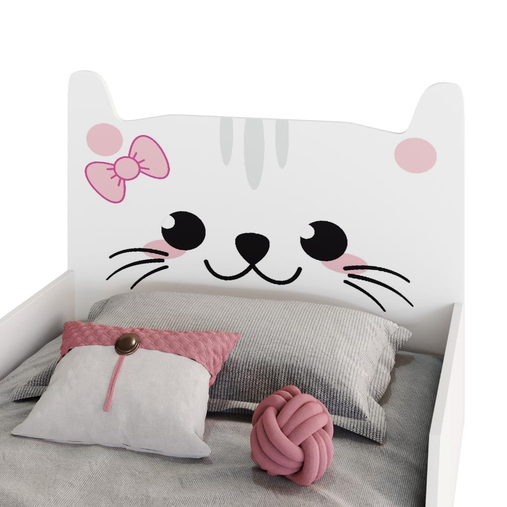 Cama Infantil Gatinho Branco Rosa Em Mdf Juvenil Para Quarto De Menina Montessoriana Com Colchão