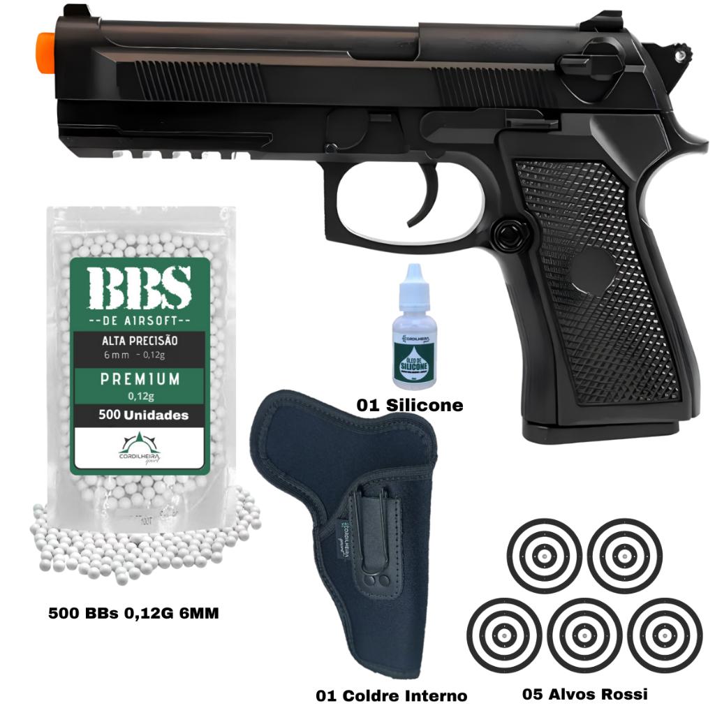 Pistola De Airsoft Rossi Pt92 V21 Spring Mola 6mm Acessórios Completos Bbs Alvo M92