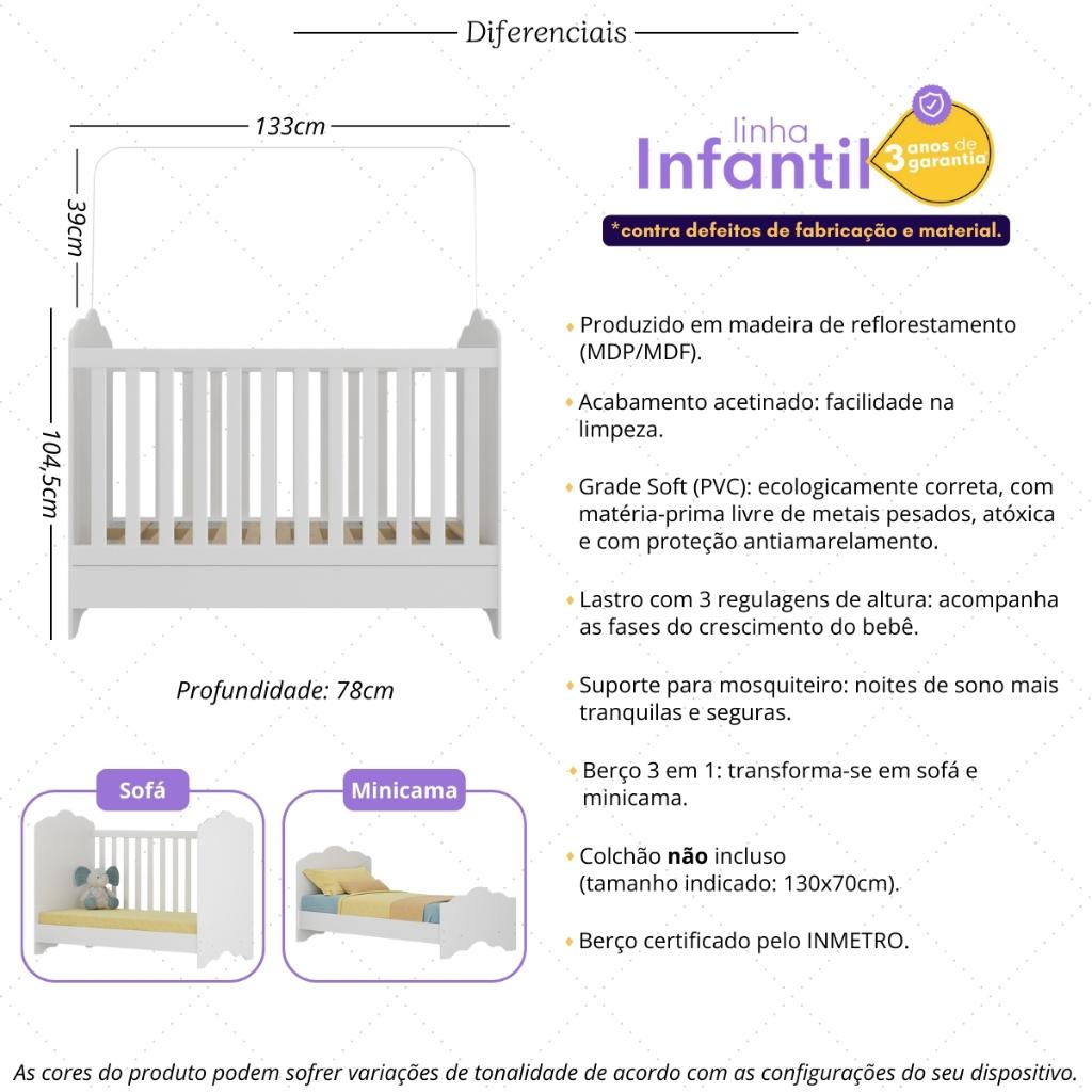 Berço Americano 3 Em 1 Para Colchão 70 X 130 Cm Com Grade Soft Nuvem Multimóveis Branco