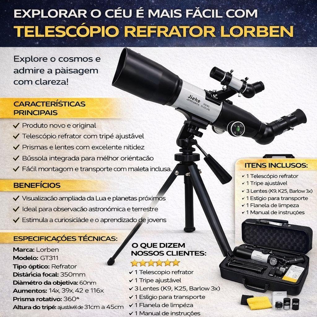 Telescópio Astronômico Observação Terrestre E Celeste 350x60mm Com Tripé Gt311 Lorben