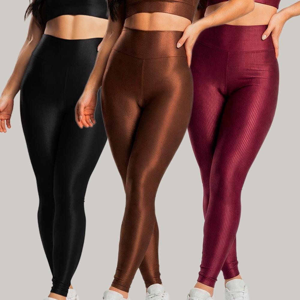 Kit 3 Calças Legging Fitness Feminina Trilobal Canelada Cintura Alta Brilho Academia E Treino
