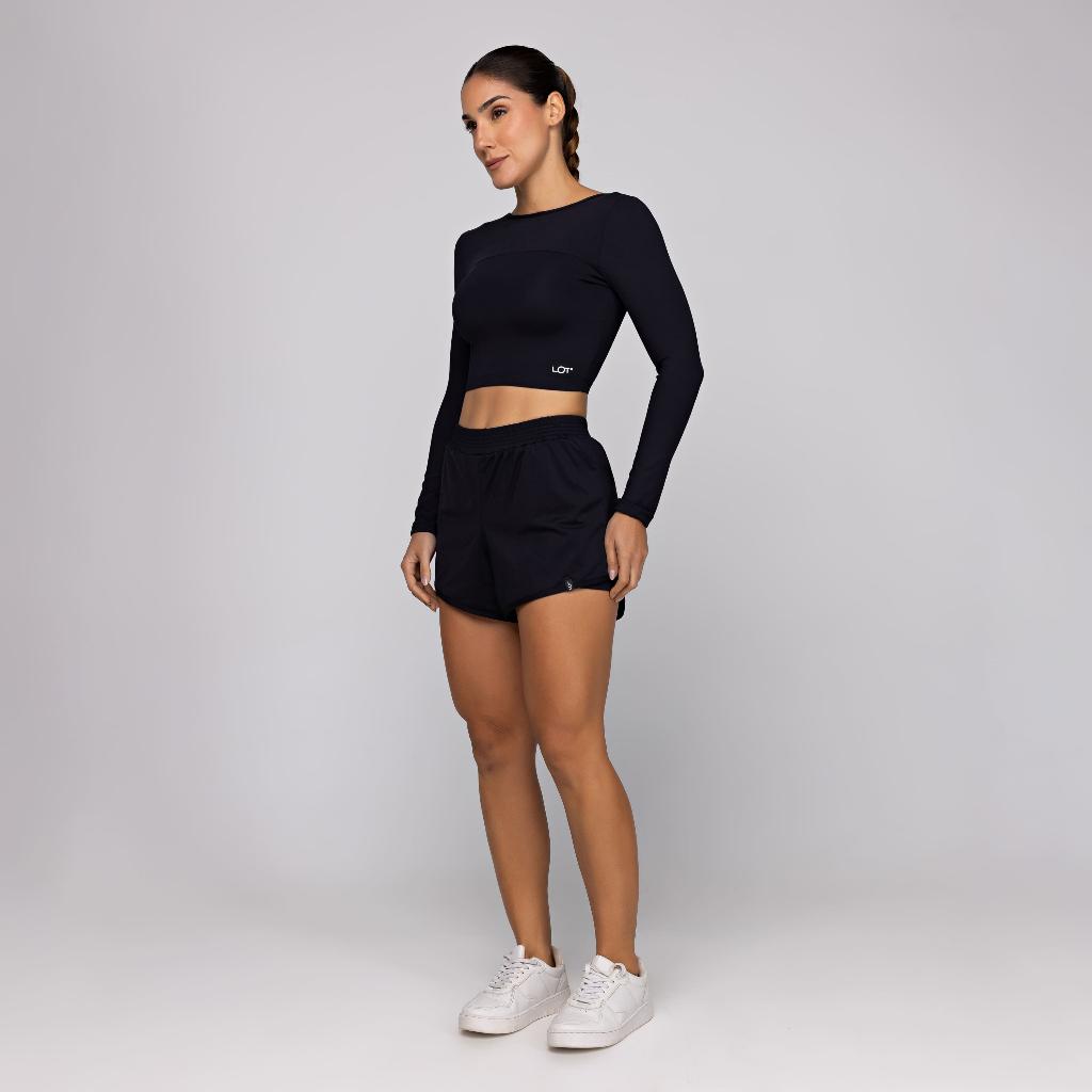 Conjunto Fitness Feminino Top Manga Comprida Costas Aberta E Short Soltinho Para Corrida Academia