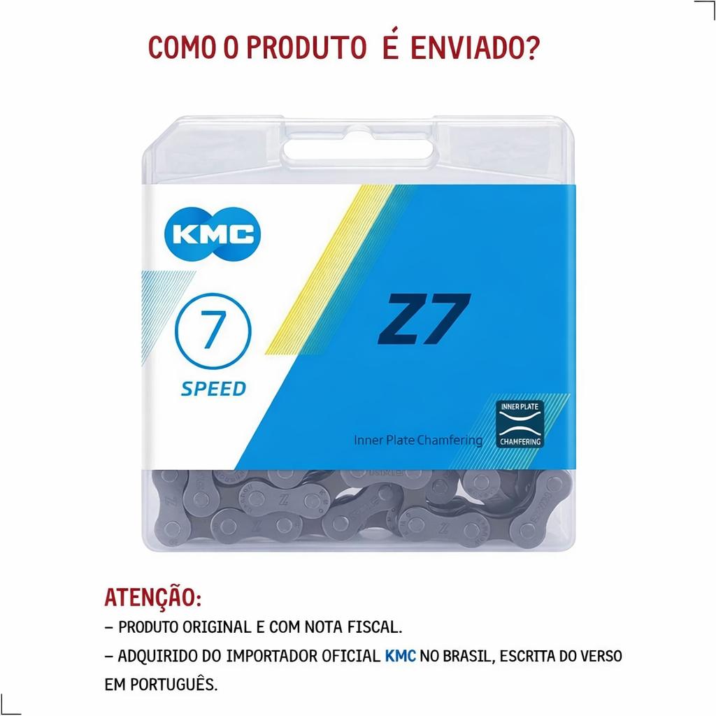 Corrente 7V Kmc Z7 Cinza 116 Elos C/Pino 7V 14V 21V 3X7V Mtb Urbana Speed