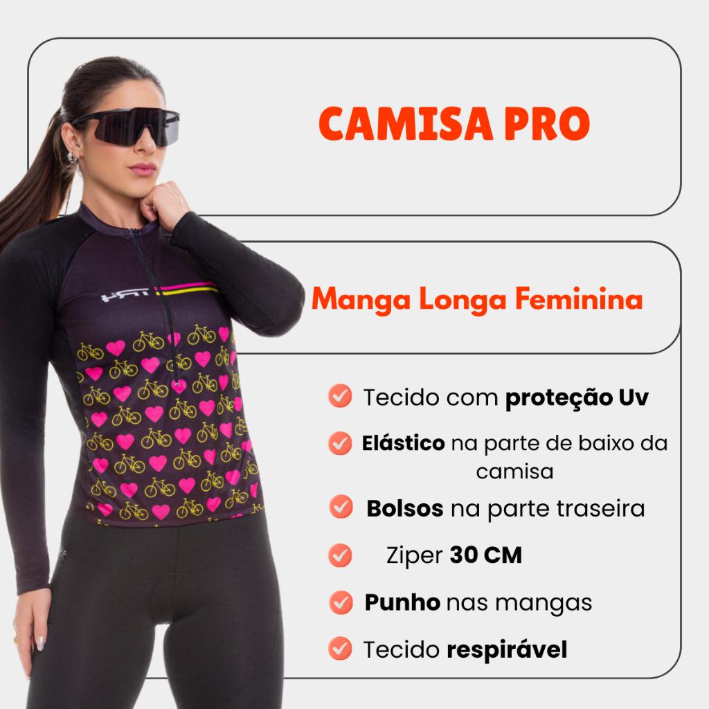 Conjunto Ciclismo Feminino Camisa Manga Longa Várias Estampas Bermuda Forro Espuma Uv50 Mtb