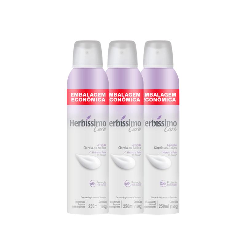 Kit Desodorante Aerossol Antitranspirante Herbissimo Care Lavanda 250ml Embalagem Econômica (3 Unidades)