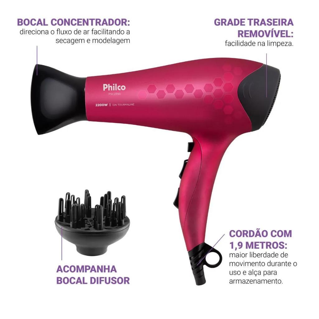 Secador De Cabelo Íons Tourmaline 2200w Bivolt Philco
